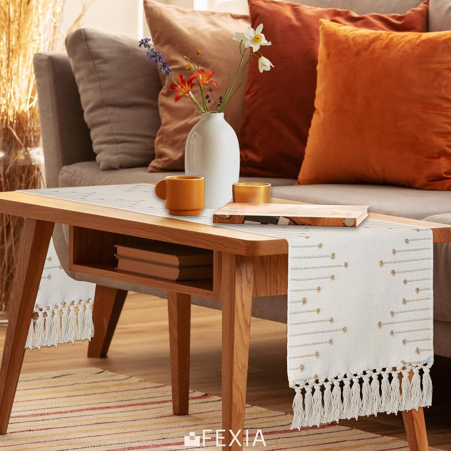 FEXIA Boho Table Runner for Thanksgiving Fall Christmas Home Decor with Tassels 72 Inches Long Pottery barn Furniture Farmhouse Rustic Macrame Burlap Table Decoration for Living Room (12x72 Inches)