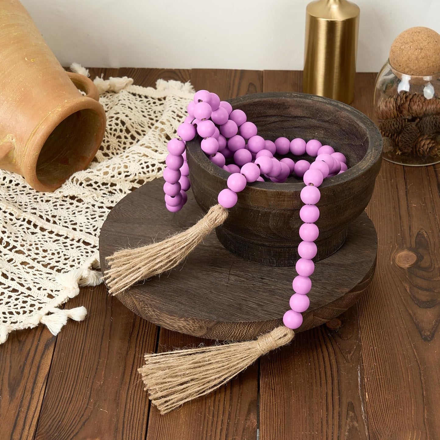 OMISHE 59in Wood Bead Garland with Tassels, Decorative Beads, Farmhouse Wooden Beads Garland for Wall Hanging Home Festival Decor, Aqua, Teal