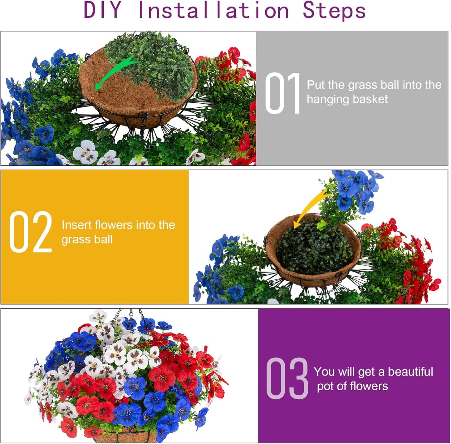 lovemoon 2 Sets Artificial Hanging Pansy Flowers with Baskets, 24 Pcs UV Resistant Faux Silk Pansy Outdoor Hanging Flower for Porch Patio Garden Home Spring Decor (2, White,Yellow,Purple)