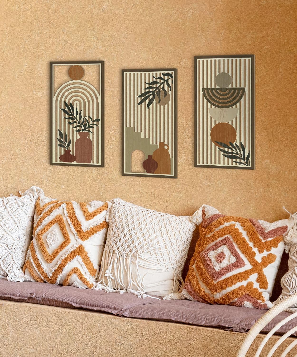 Putuo Decor Boho Abstract Wall Art, Set of 3, Modern Botanical Wooden Wall Decor, Blue Mid-Century Minimalist Framed Artwork for Living Room Bedroom, Office