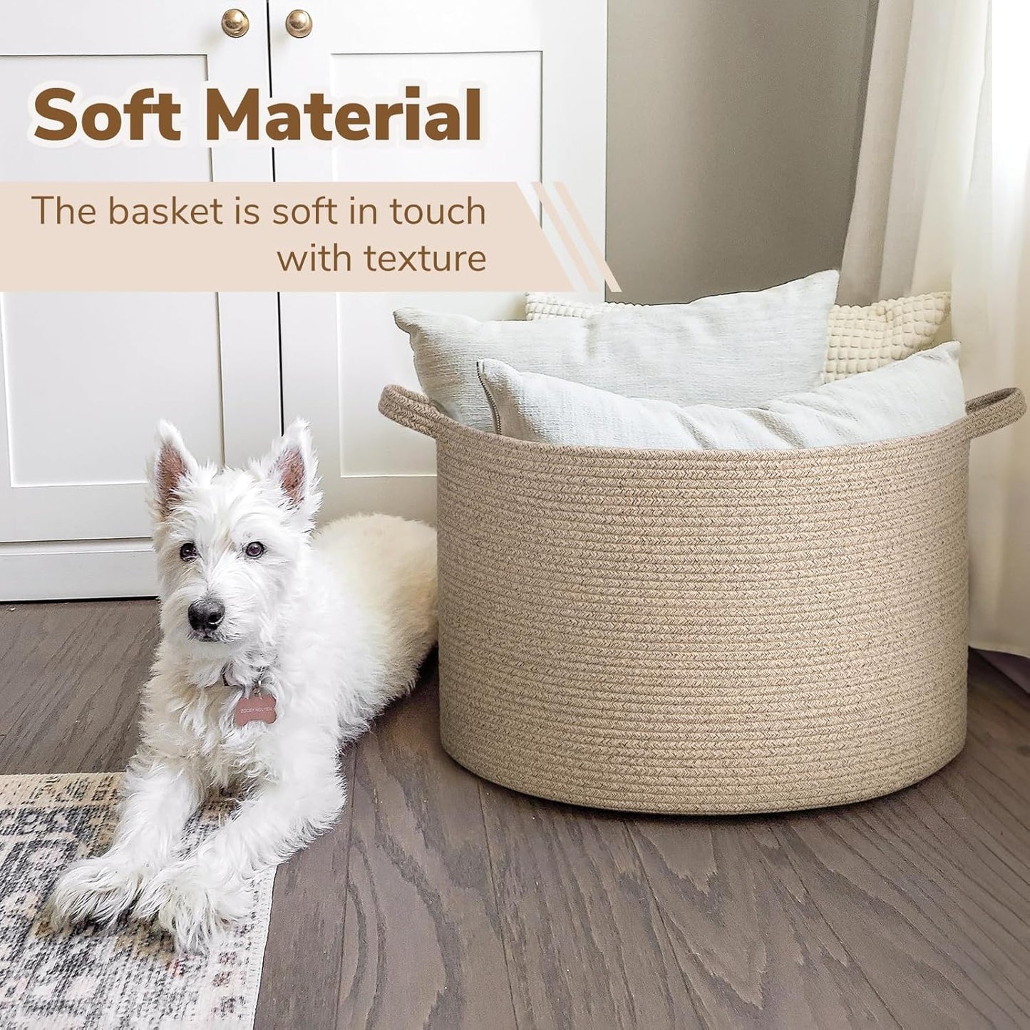 INDRESSME XXXLarge Blanket Basket for Living Room 21.7" x 21.7" x 13.8"-Storage Basket with Handle for Organizing Toy Pillows Woven Cotton Rope Laundry Basket Stuffed Animal Toy Storage for Play Room