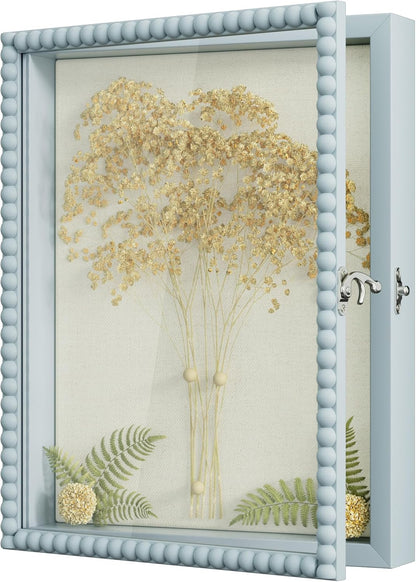 Love-KANKEI Shadow Box Frame 11x14, Deep Large Shadow Box Display Case with Unique Beads Door and Glass Window, Wood Memory Box for Pictures,Medals,Memorabilia,Collections White