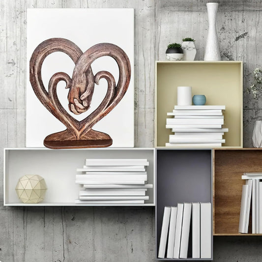 Heart Holding Hands Art Sculpture Wooden Desktop Imitation Tree Trunk Forever Love Everlasting Hand in Hand Desktop Decoration for Home Office Ornament Accessories