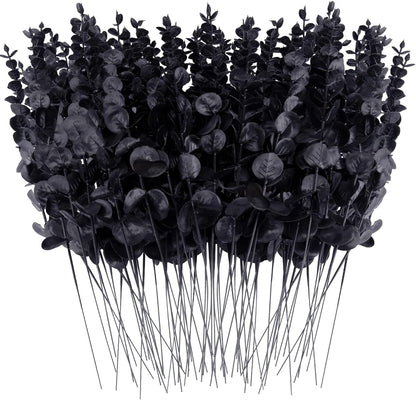 FEQO 36 Pcs Artificial Eucalyptus Stems Dark Brown Leaves Faux Eucalyptus Stems Branches 15 inch for Wedding Bouquet Home Deco