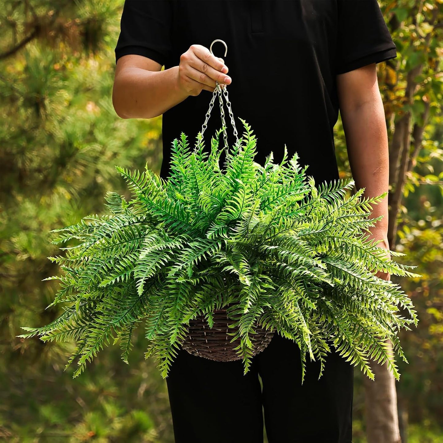 Outdoor Fake Hanging Fern – Artificial Hanging Ferns 2 Pack, Large Faux Boston Fern Bushes, UV Resistant Outdoor Hanging Plants for Front Porch, Patio & Indoor Decor