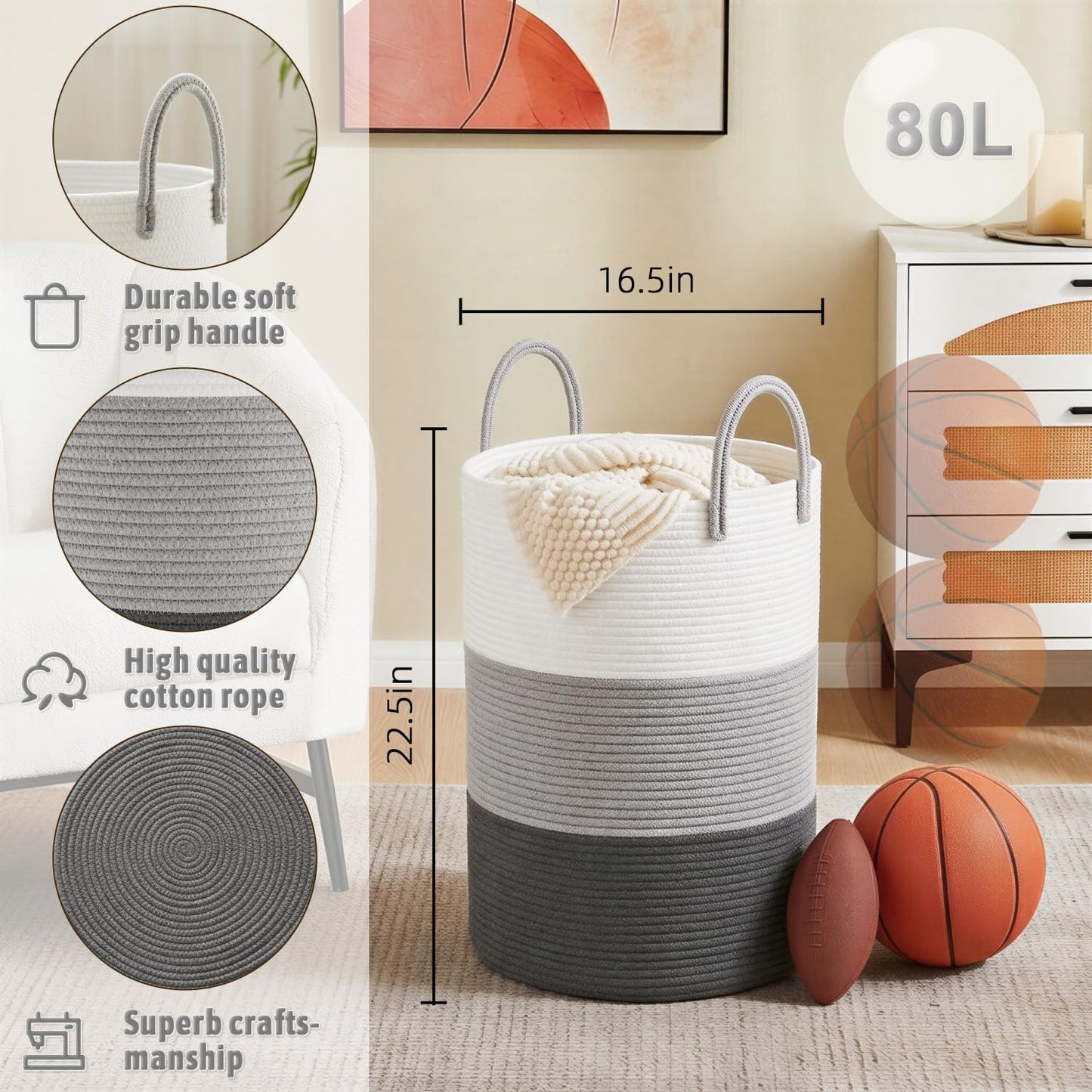 Artfeel Laundry Basket,Woven Cotton Rope Laundry Hamper,60L for Decor Storage of Dirty Clothes,Toys and Blankets in Bathroom,Baby Room and Living Room