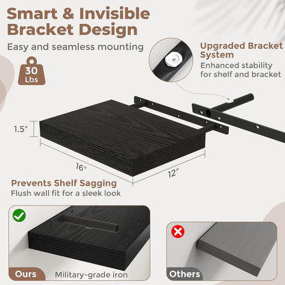 72 Inch Long Floating Shelves for Wall Set of 2, 12"D Wood Grain Bathroom Shelves with Invisible Brackets, Easy Install Engineered Wood Storage Shelves for Kitchen, Living Room, Bedroom, Black Finish