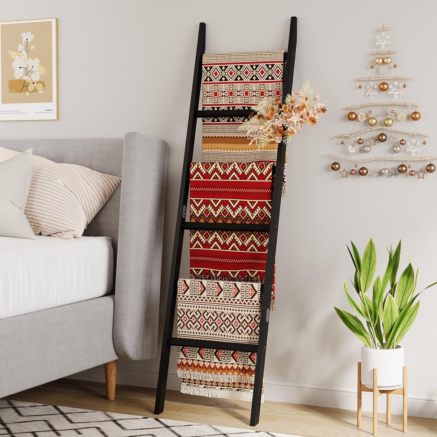 Blanket Ladder Towel Racks For Bathroom 5 Layers Towel Holder 100% Bamboo Wood Sturdy Construction No Need Wall Drilling Quilt Scarf Storage Solution Decorative Leaning Shelf for Living Room (White)