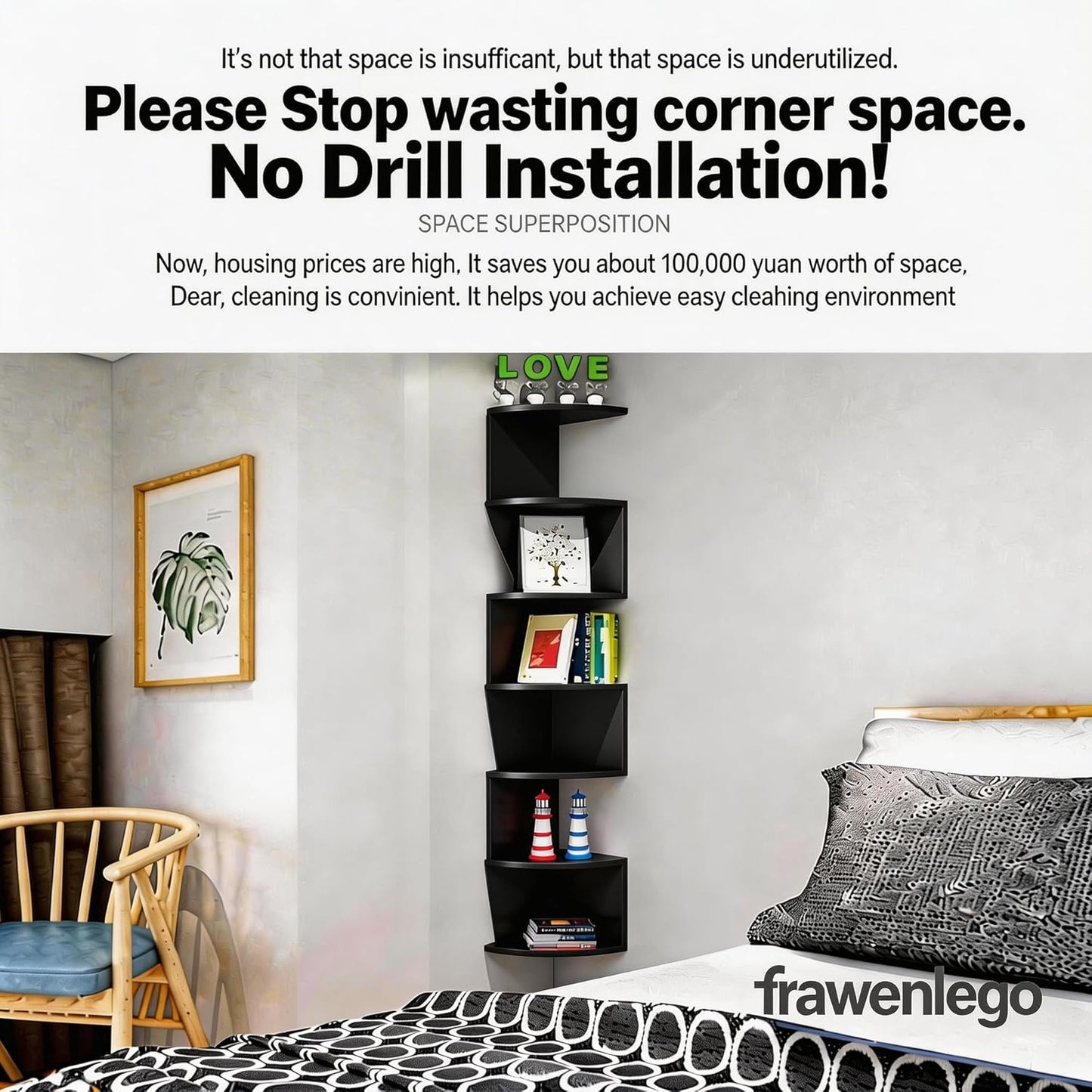 No-Drill Corner Shelf Wall Mount, 5-Tier Floating Corner Bookshelf with Hooks, Space-Saving Zigzag Plant Shelf for Bedroom, Living Room, Bathroom, Home Office