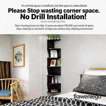 No-Drill Corner Shelf Wall Mount, 5-Tier Floating Corner Bookshelf with Hooks, Space-Saving Zigzag Plant Shelf for Bedroom, Living Room, Bathroom, Home Office