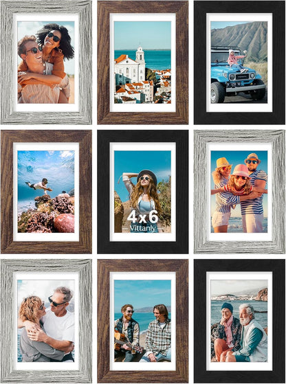 Vittanly 8x10 Picture Frames Set of 9, Shatter Resistant Plexiglass, Display 5x7 Pictures with Mat or 8x10 without Mat, Photo Frames for Wall or Tabletop, Engineered Wood, Black - Colors A