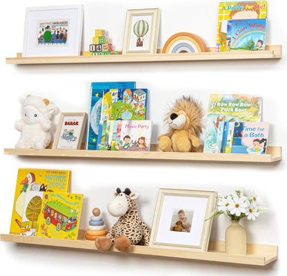 FLYJOE Picture Ledge Shelf, Floating Shelves Set of 2, Solid Pine Wood 55'' Long Large Nursery Book Shelves for Toys Storage, Kids Bookshelf for Living Room Bedroom Decor Books Photo Frames, Walnut