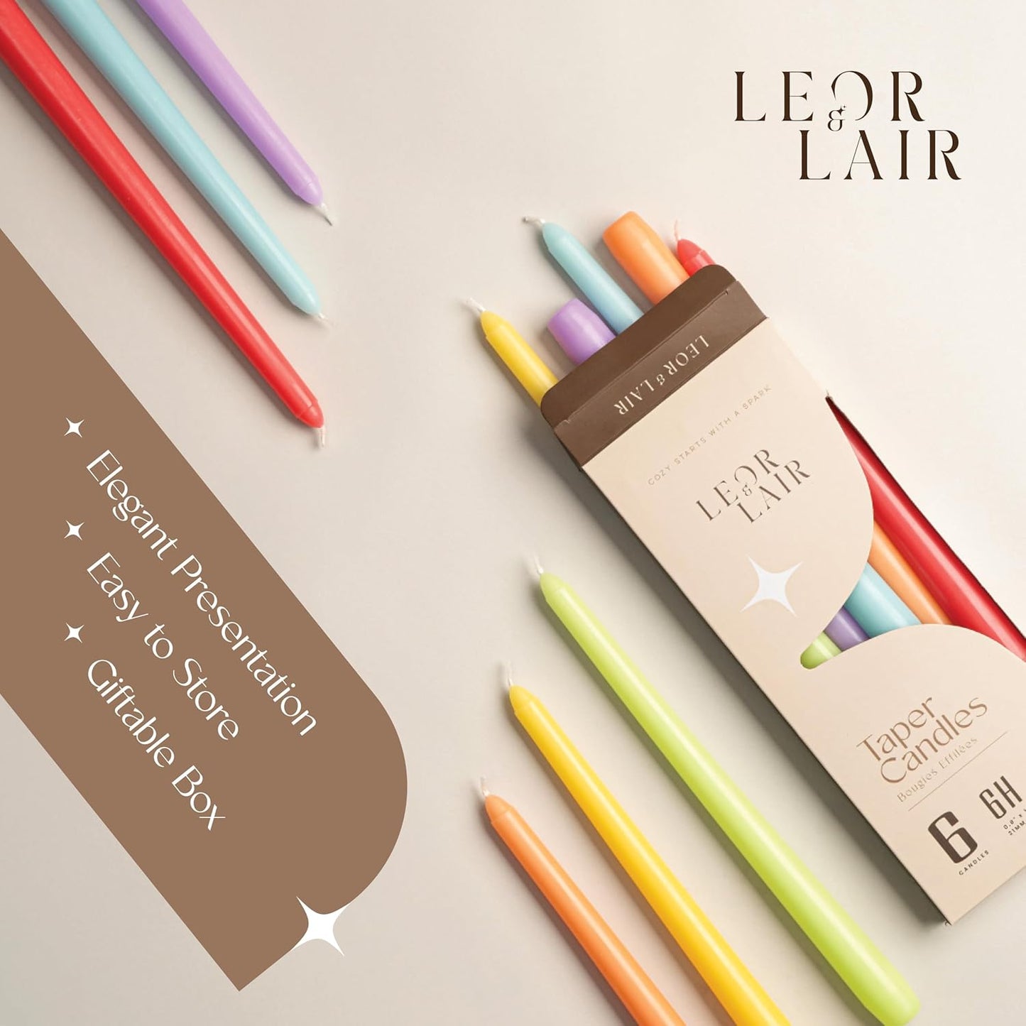 Leor & Lair Spring Taper Candles - 6 Pack - 10" Decorative Spring Candle Sticks with 6 Hour Burn Time - Easter Candlesticks for Easter Decor, Summer, Birthday Party & Celebrations
