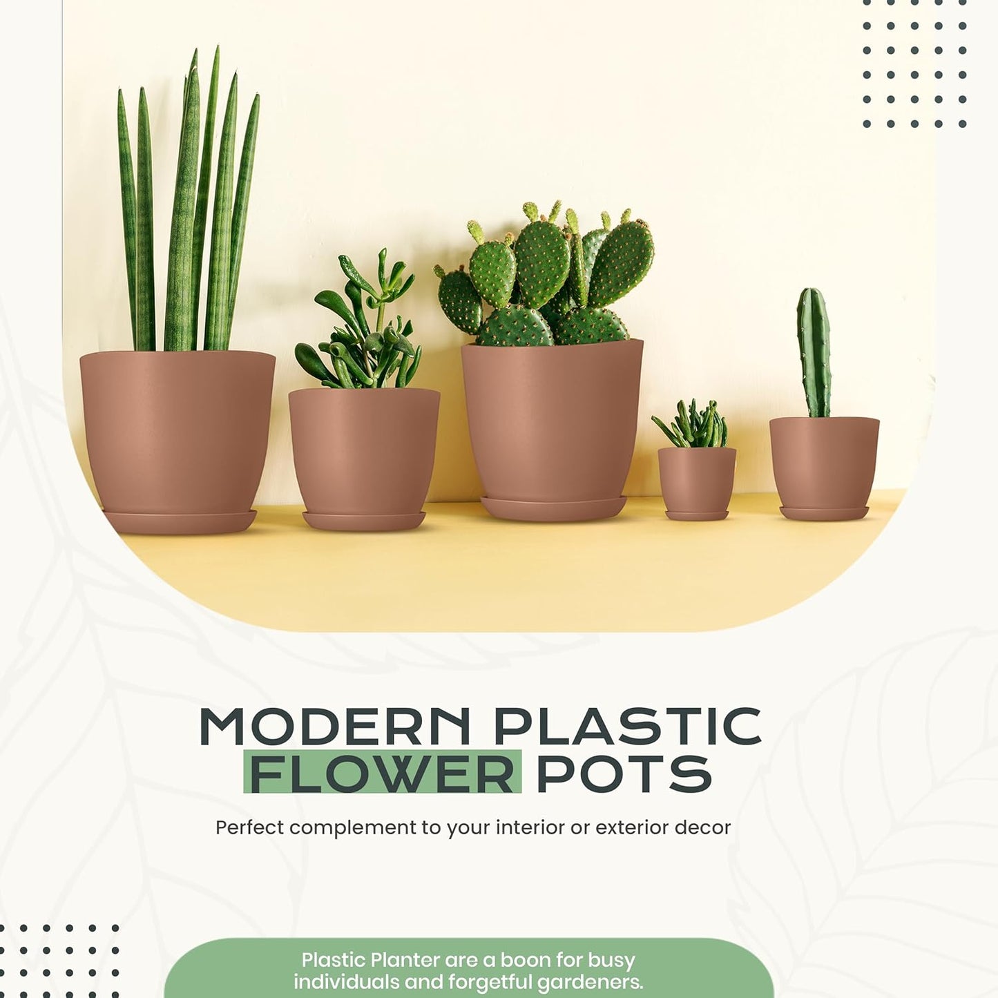 Utopia Home Plant Pots Indoor with Drainage Holes – Set of 5 White Plastic Flower Pots (7/6.6/6/5.3/4.8 Inch) – Modern Planters for Indoor Plants, Room & Office Décor, Great Stocking Stuffers