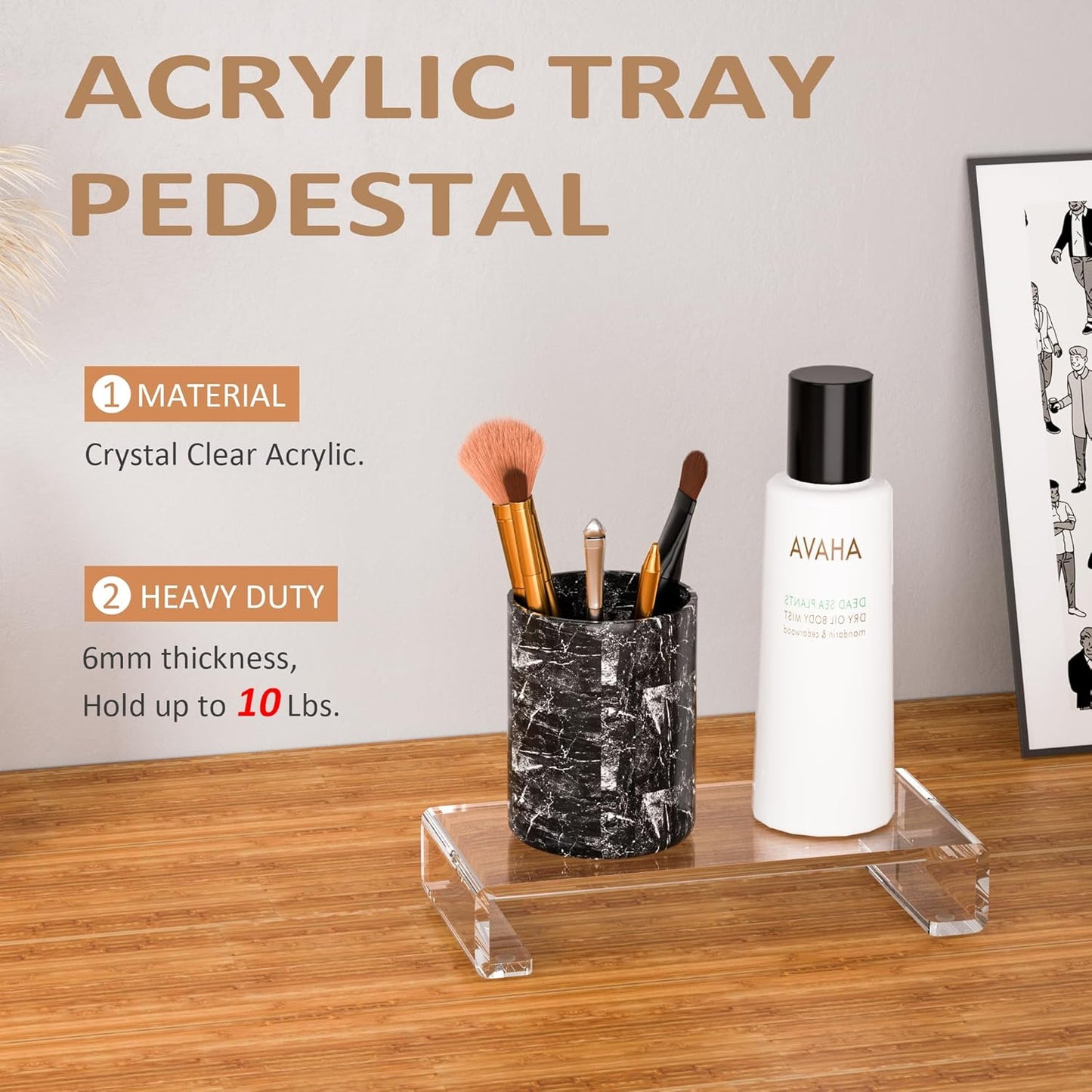 Sezanrpt Acrylic Tray Pedestal Stand Bathroom Décor, Crystal Clear Display Risers Kitchen Resist Dirt and Moisture, Soap Dish Holder for Counter, Sink, Vanity, 8.66'' x 3.9''