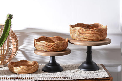 Round Rattan Fruit Baskets Woven Storage Bowls Key Holder Stackable for Shelf Kitchen Tabletop Natural Set of 3