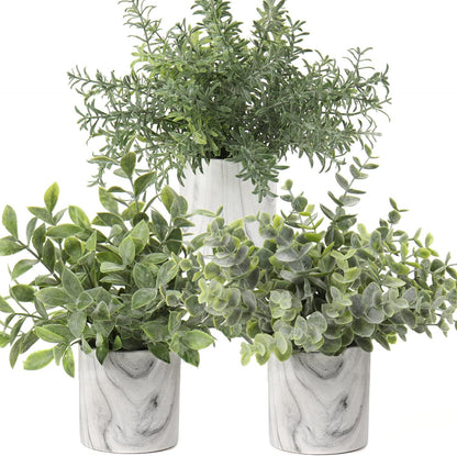 Hollyone Mini Artificial Potted Plants Fake Plants in Marble Pots, 1Pcs Plastic Eucalyptus Greenery Faux Plants for Home Office Desk Room Centerpiece Shelf Décor