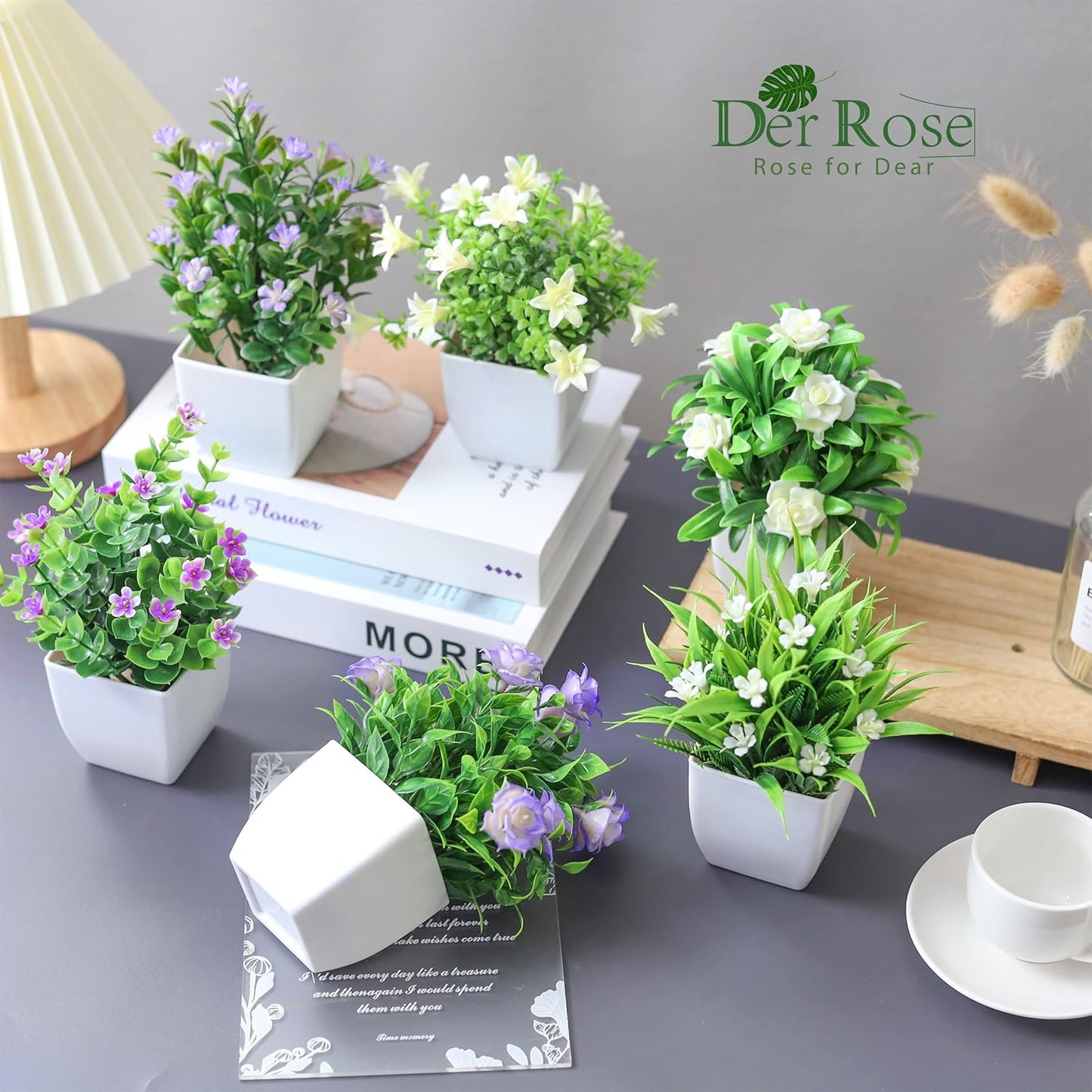 Der Rose 4 Pack Small Fake Plants Mini Artificial Faux Plants Indoor with Flowers Spring Decorations for Home Room Farmhouse Desk House Bathroom Decor