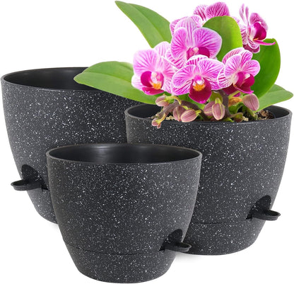 WSMKSZ 10/9/8 inch Self Watering Pots, Planter, Plant Pots with Mesh Drainage Holes for Indoor Outdoor Garden Plants, Plastic Flower Pots with Deep Reservoir for House Plants, Green with Brown