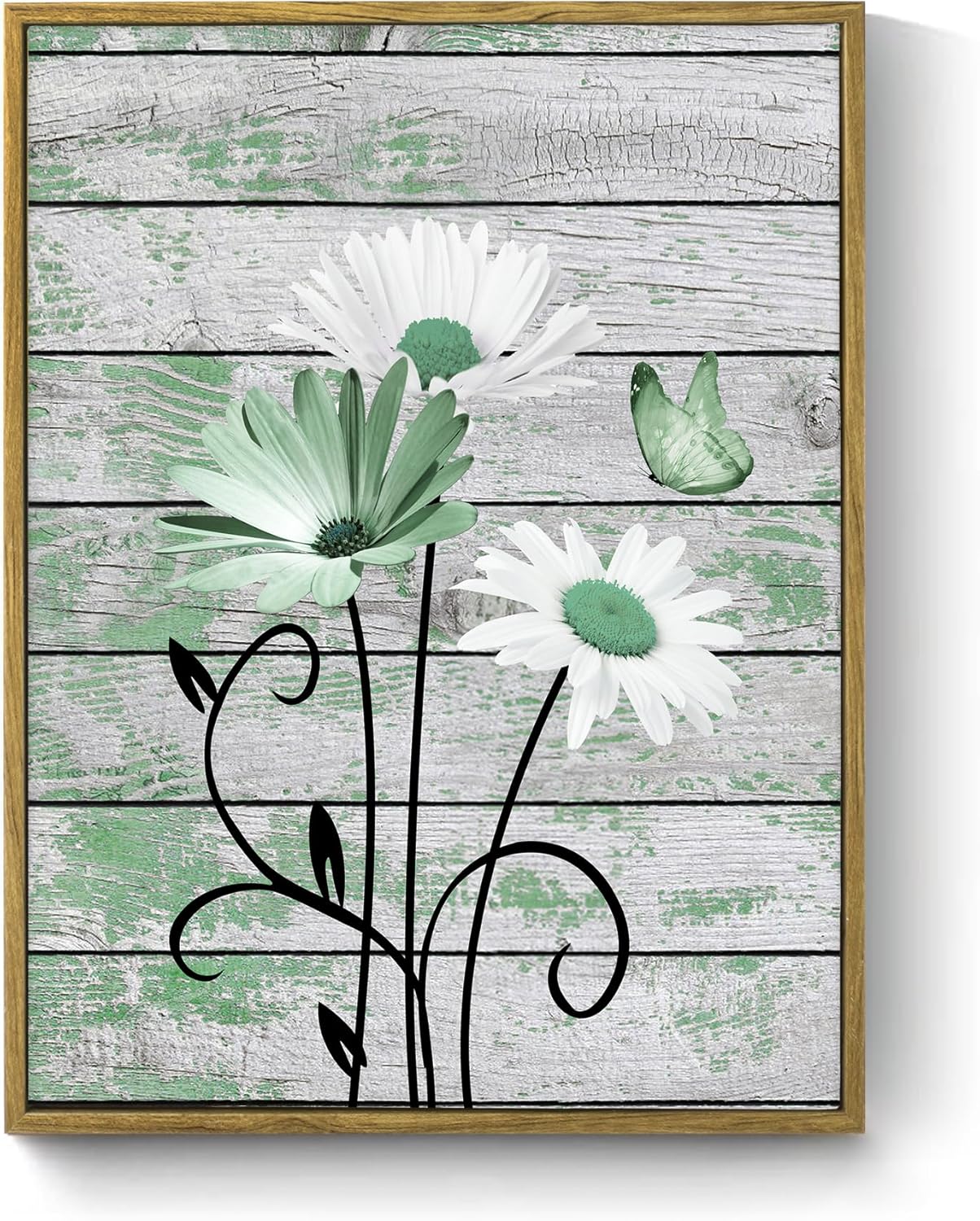 HVEST Farmhouse Floral Wall Art for Living Room, Blue and White Daisy Flower and Butterfly on Rustic Wood Board Canvas Wall Art Framed Artwork Ready to Hang for Bathroom Bedroom Decor, 16L X 12W