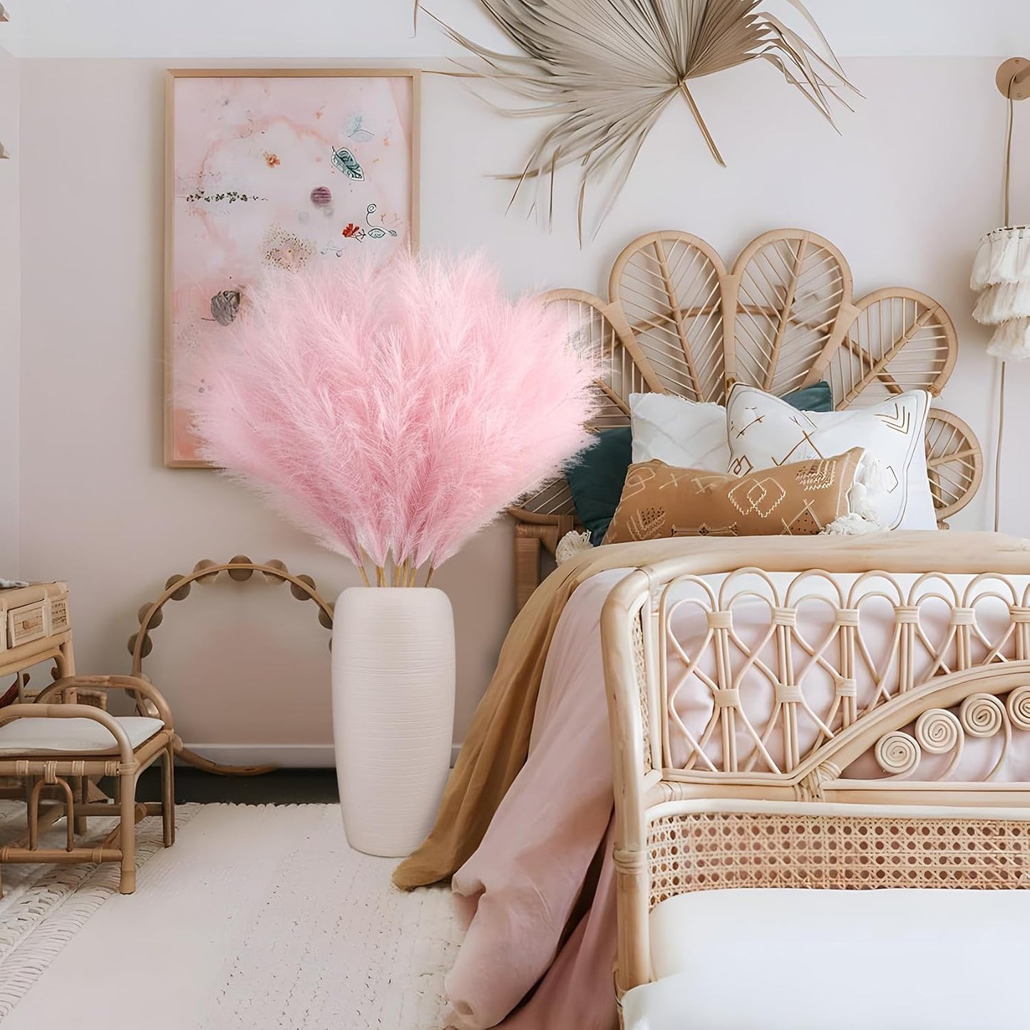 Ouddy Decor 8 Pcs Faux Pampas Grass Decor 38''/97cm Tall Artificial Large Pompous Pompas Floral Fluffy Fake Plants Floor Vase Filler for Wedding Kitchen Home Boho Decorations, Mixed Beige