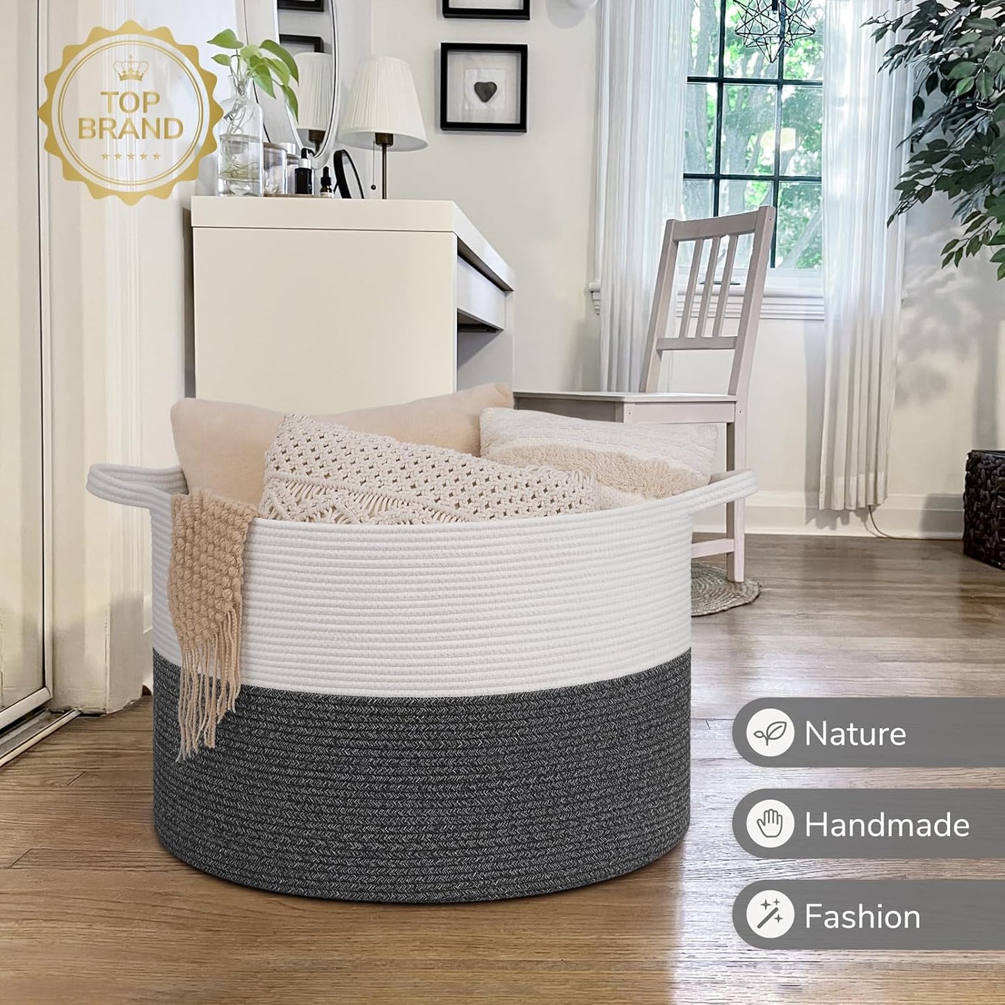 INDRESSME XXXLarge Blanket Basket for Living Room 21.7" x 21.7" x 13.8"-Storage Basket with Handle for Organizing Toy Pillows Woven Cotton Rope Laundry Basket Stuffed Animal Toy Storage for Play Room