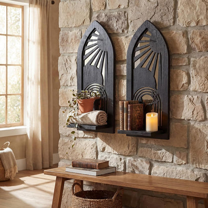 Wood Wall Sconce Candle Holder Set 2, Rustic Wall-Mount Candle Holders, Farmhouse Hanging Wall Décor, Carved Wood Frame, Mirrored Candle Holder (Distressed White)