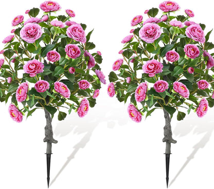Lunmon 2 Pack 3ft Artificial Camellia Plants Tree 36" Faux Camellia Flower with Spike UV Resistant Realistic Fake Floral Blooming Bush for Indoor Outdoor Front Door Porch Backyard Garden, Purple