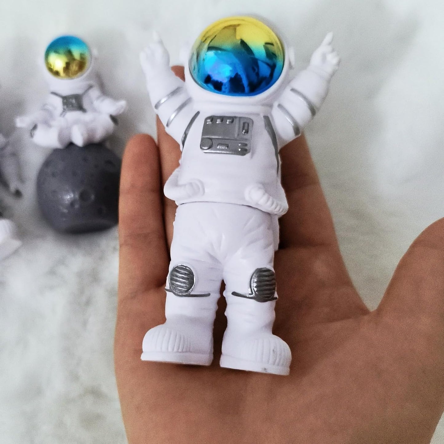 Blue White Astronaut Statues Set of 4, Spaceman Sculpture Figurines Outer Space Theme Decor for Nursery Room Cake Topper