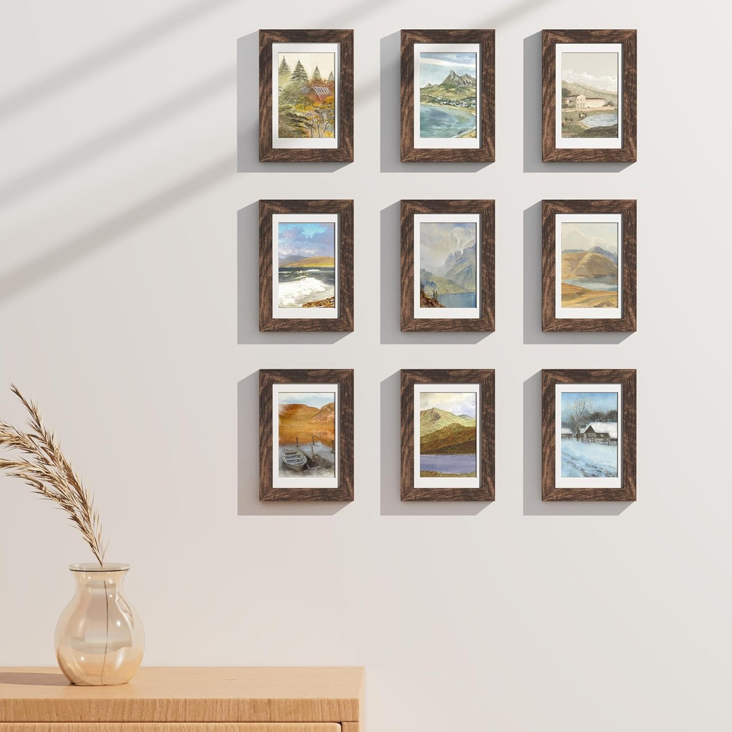 Vittanly 8x10 Picture Frames Set of 9, Shatter Resistant Plexiglass, Display 5x7 Pictures with Mat or 8x10 without Mat, Photo Frames for Wall or Tabletop, Engineered Wood, Black - Colors A