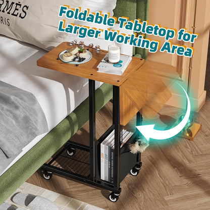 Simple Trending C Shaped End Table, TV Tray for Couch, Small Side Table with Metal Frame, for Living Room Bedroom, Rustic Brown