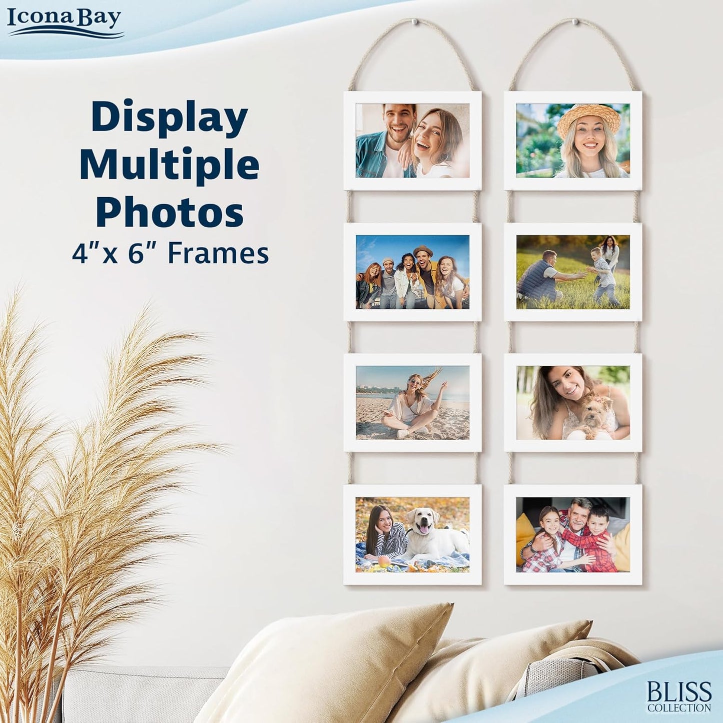 Icona Bay - 4x6 Wall Hanging Picture Frames Collage with 8 Openings - Distressed White, 2 Pack - Casual Style Engineered Wood Frames - Wall Mount Only - Bliss Collection