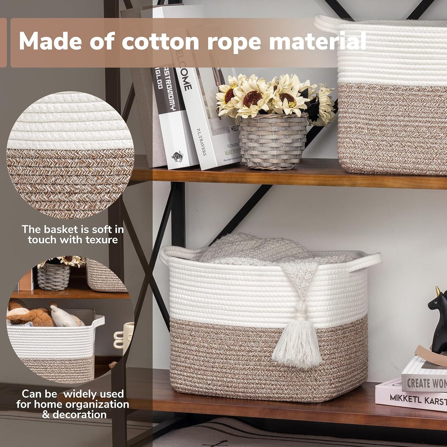 Goodpick Cube Storage Bins - Towel, Book, Cloth, Shoes, Closet Shelf Woven Baskets for Office, Baby Laundry, Toys, 13''x10''x9''
