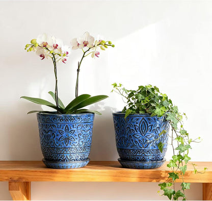 Gepege 6 Inch Beaded Ceramic Planter Set of 2 with Drainage Hole and Saucer for Plants, Indoor-Outdoor Large Round Succulent Orchid Flower Pot (Smoked Gray, Inner-pots not Larger Than 5 Inch)