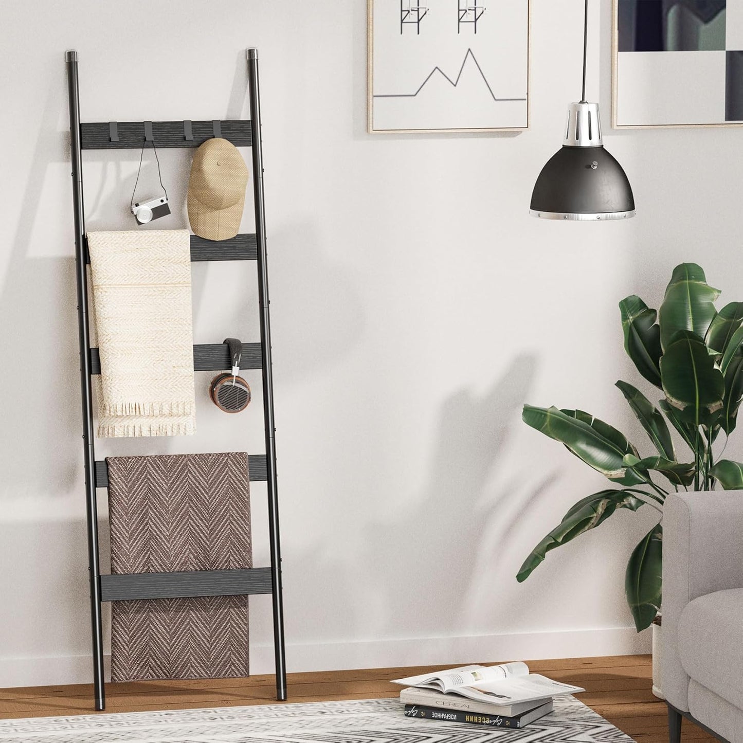 Blanket Ladder, 5-Tier Towel Holder with 4 Removable Hooks, Farmhouse Wall Leaning Decorative Rack Shelf, Wooden Towel Display Rack, Quilt Ladder for Living Room, Bedroom, Rustic Brown