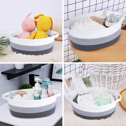 ABenkle Small Basket with Handles, Boho Decorative Rope Woven Dog Cat Toy Storage Bin Shelf Storage Organizer, Easter Christmas Gift Basket, 12"x8"x5", White