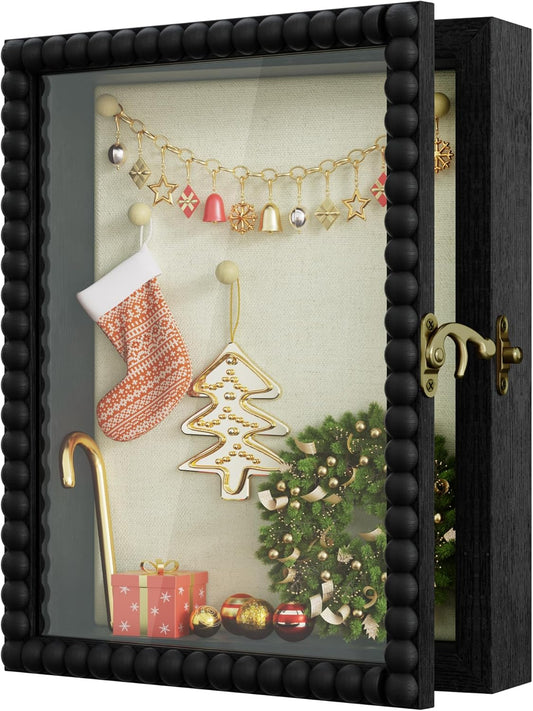 Love-KANKEI Shadow Box Frame 11x14, Deep Large Shadow Box Display Case with Unique Beads Door and Glass Window, Wood Memory Box for Pictures,Medals,Memorabilia,Collections White