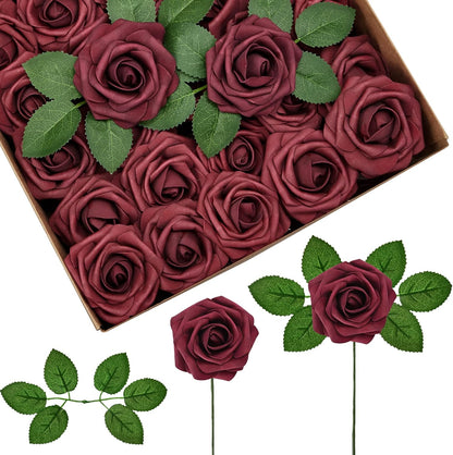InnoGear Artificial Flowers, 50 Pcs Dark Red Foam Fake Roses Bulk with Stems for Mother's Gift Decoration Celebration DIY Wedding Bouquets Centerpieces Bridal Shower Party Christmas Tree