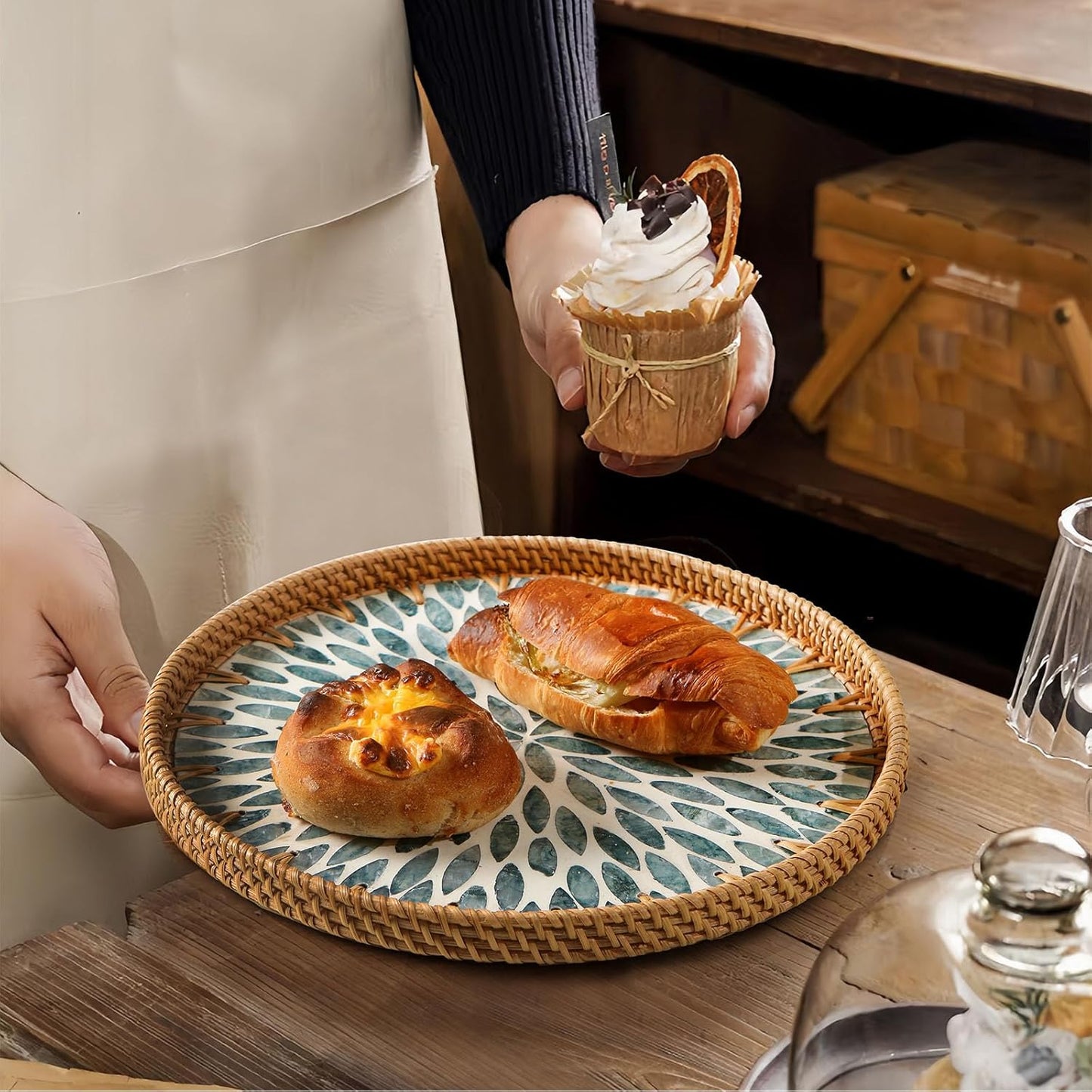 Round Rattan Tray with Mother of Pearl Inlay, Decorative Wicker Serving Tray with Wooden Base, Woven Basket Trays for Bread Fruits Coffee, Leaf
