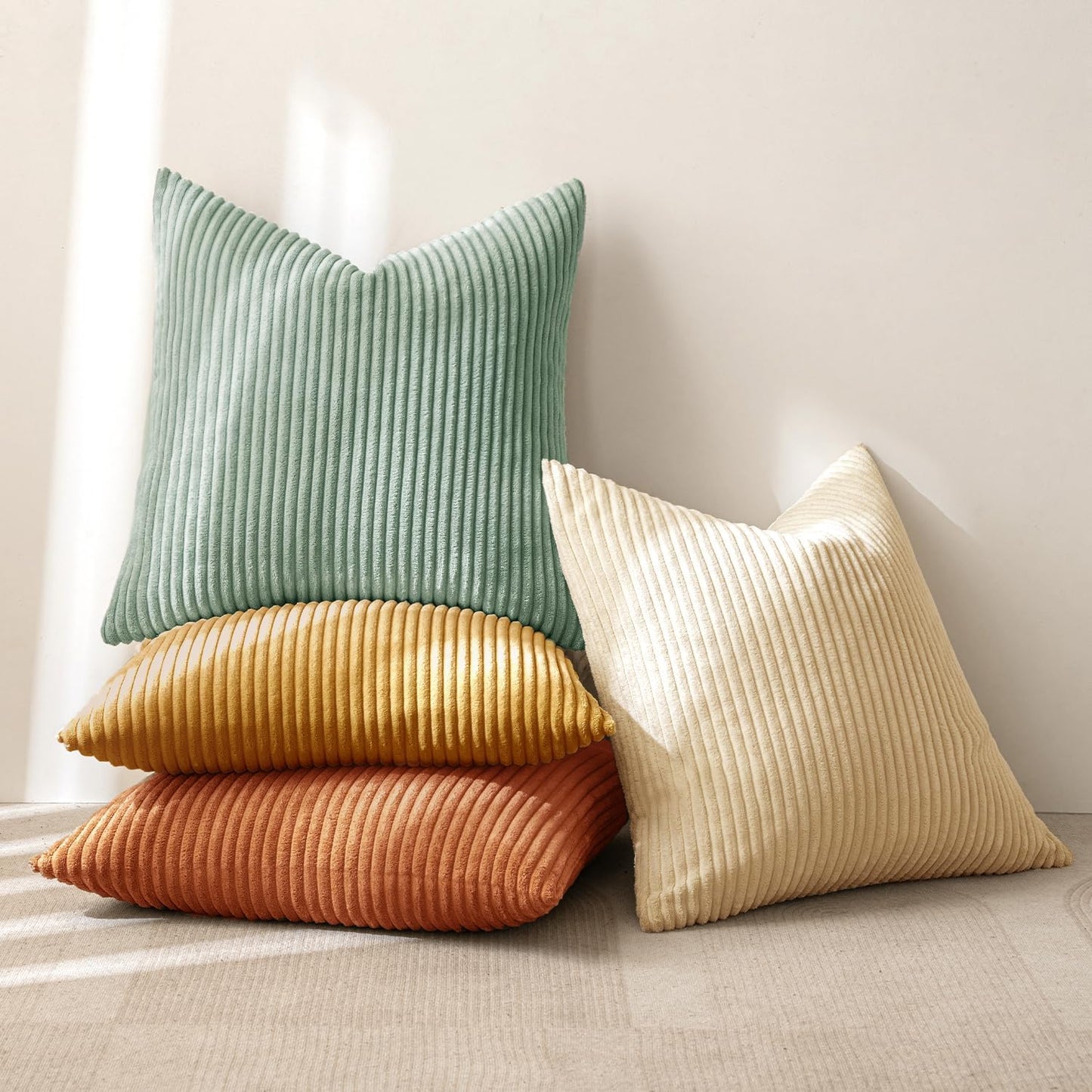 MIULEE Boho Farmhouse Sage Green Throw Pillow Covers 18x18 Inch Set of 4 Mordern Nordic Cushion Covers Soft Corduroy Spring Home Decor for Couch Bed Sofa Living Room Forest Green