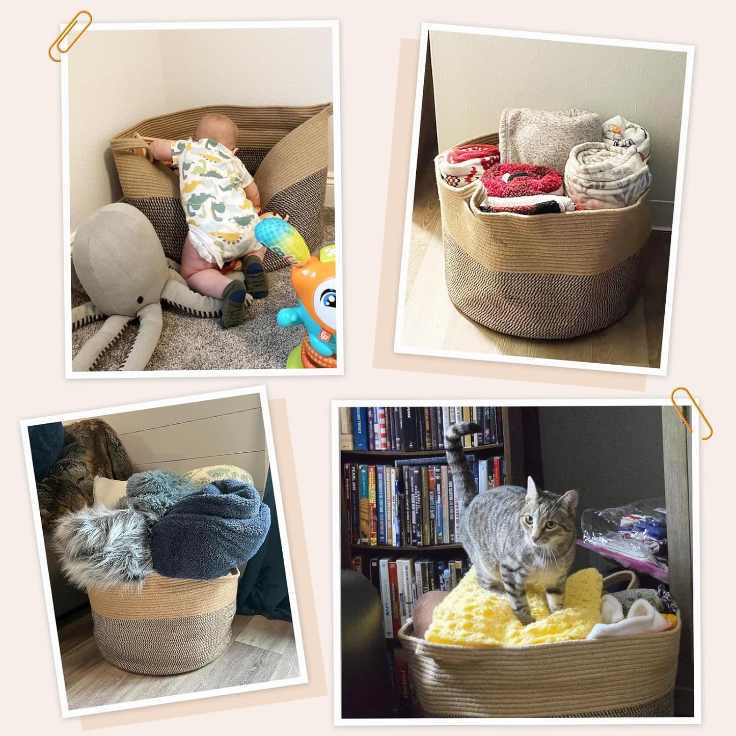 INDRESSME XXXLarge Blanket Basket for Living Room 21.7" x 21.7" x 13.8"-Storage Basket with Handle for Organizing Toy Pillows Woven Cotton Rope Laundry Basket Stuffed Animal Toy Storage for Play Room