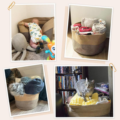 INDRESSME XXXLarge Blanket Basket for Living Room 21.7" x 21.7" x 13.8"-Storage Basket with Handle for Organizing Toy Pillows Woven Cotton Rope Laundry Basket Stuffed Animal Toy Storage for Play Room