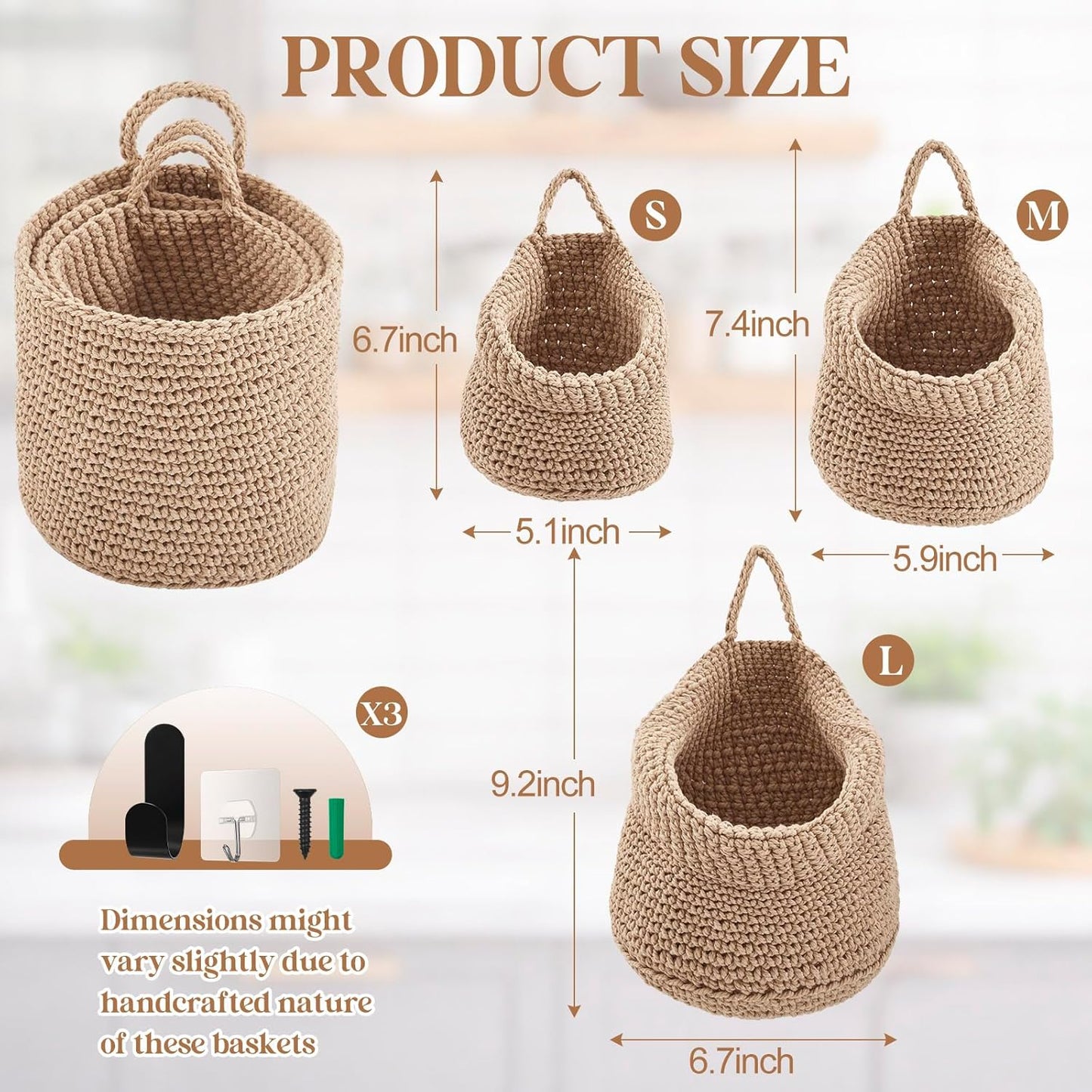 Honeydak Boho Decor Hanging Wall Baskets for Kitchen 3 Pack Teardrop Baskets with Hooks Storage Fruit Onion Vegetable Potato for Home 3 Sizes(Linen,Teardrop,Jute)