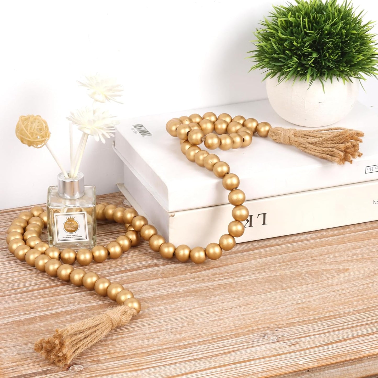 58in Wood Bead Garland with Tassels, Farmhouse Rustic Country Decor Prayer Boho Wall Hanging Decoration (Nature)