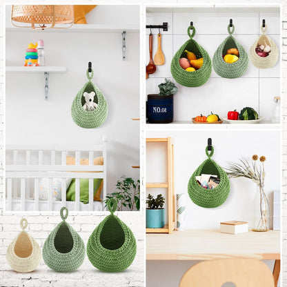 Honeydak Boho Decor Hanging Wall Baskets for Kitchen 3 Pack Teardrop Baskets with Hooks Storage Fruit Onion Vegetable Potato for Home 3 Sizes(Linen,Teardrop,Jute)