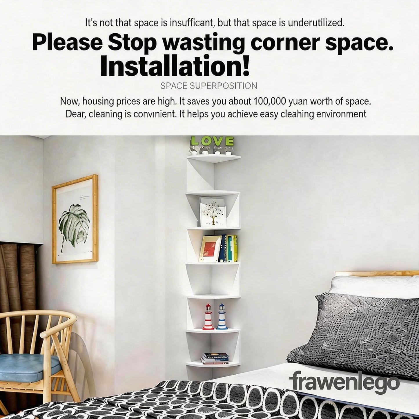 No-Drill Corner Shelf Wall Mount, 5-Tier Floating Corner Bookshelf with Hooks, Space-Saving Zigzag Plant Shelf for Bedroom, Living Room, Bathroom, Home Office