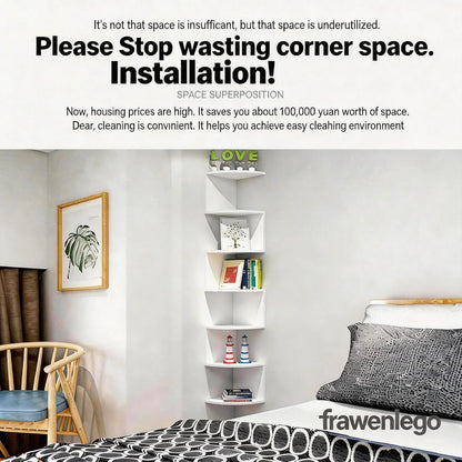 No-Drill Corner Shelf Wall Mount, 5-Tier Floating Corner Bookshelf with Hooks, Space-Saving Zigzag Plant Shelf for Bedroom, Living Room, Bathroom, Home Office
