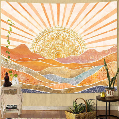 Lunerfex Bohemian Mandala Sunrise Wall Tapestry, Abstract Mountain Scenery Tapestries for Home Decor, Boho Tapestry 48x36 Inch
