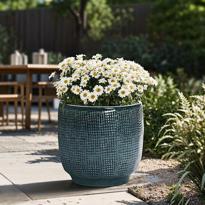 LuxenHome 15.75" Dia Large Ceramic Pots for Plants, Blue Glazed Planters for Outdoor Plants, Round Indoor Flower Pots with Drainage Hole and Rubber Plug for Home Garden Patio