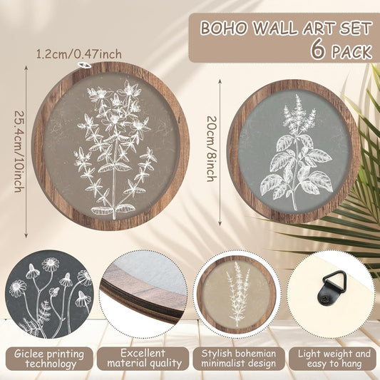 Threehoney 6 Pcs Framed Botanical Wall Art Set Floral Wall Art Vintage Boho Plant Print Hanging Decor Botanical Prints Wooden Rustic Floral Home Decor(8 Inch, 10 Inch)